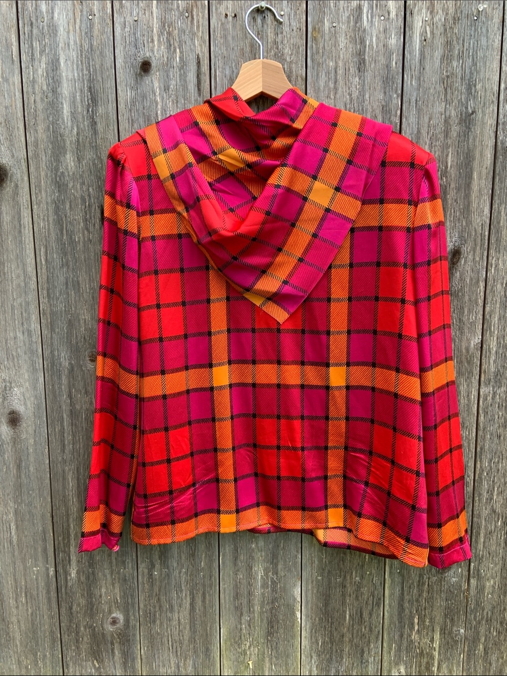 Carlisle Silk Vintage Pink, Red & Orange Plaid Silk Top and scarf 14